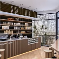 Modern Café Interior Design With Wooden Counter Coffee Machine Menu Board And Large Windows