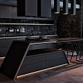 Modern Black Kitchen Interior Design With Island Counter Cabinets And LED Lighting