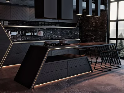Modern Black Kitchen Interior Design With Island Counter Cabinets And LED Lighting 3d model
