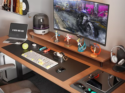 Modern Study Room Setup With Gaming Monitor Laptop Keyboard Mouse Figurines And Headphones 3d model