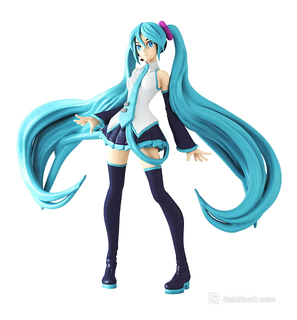 Anime Figure With Long Blue Hair White Blue Outfit Black Thigh High Socks High Heels 3d model 