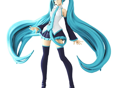Anime Figure With Long Blue Hair White Blue Outfit Black Thigh High Socks High Heels 3d model