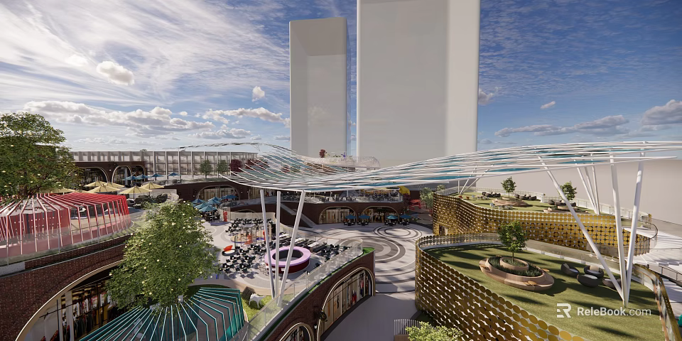 Modern Urban Plaza With Glass Canopy Tall Buildings Green Plants And Seating Areas 3d model 