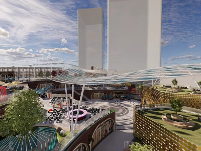 Modern Urban Plaza With Glass Canopy Tall Buildings Green Plants And Seating Areas 3d model