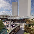Modern Urban Plaza With Glass Canopy Tall Buildings Green Plants And Seating Areas