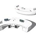 Modern White Curved Reception Desk With Computer Monitors Flower Arrangements And LED Lighting