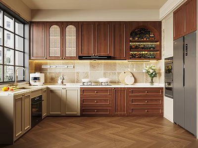 Modern Kitchen Interior Design With Brown Cabinets White Countertops Wine Rack And Refrigerator 3d model