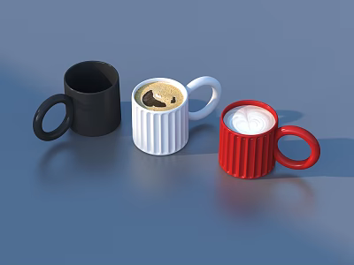 Three Different Colored Mugs Black White Red Holding Coffee And Milk Drinks 3d model