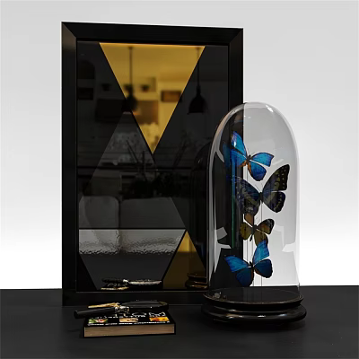Decorative Ornament Set Featuring Glass Dome Blue Black Butterflies and Geometric Frame in Modern Indoor 3d model