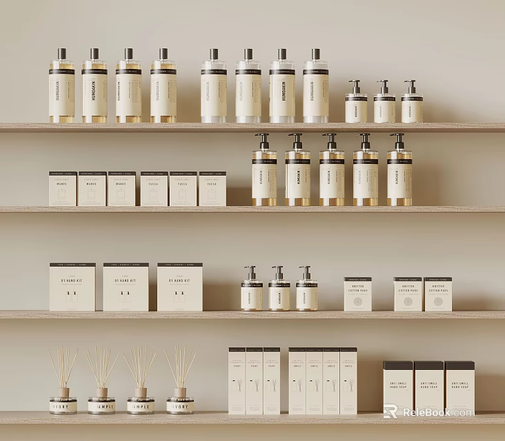 Modern Perfume and Cosmetics Collection Shelf Display with Assorted Glass Bottles and Boxes 3d model 