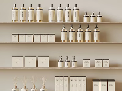 Modern Perfume and Cosmetics Collection Shelf Display with Assorted Glass Bottles and Boxes 3d model