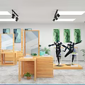 Modern Clothing Store Interior With Mannequins Displaying Blue Clothes Geometric Paintings And Wooden Racks