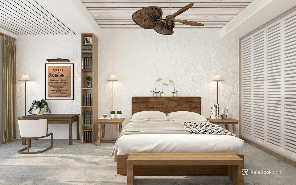 Cozy Bedroom Interior Design With Ceiling Fan Bedside Lamps And Foot Bench 3d model 