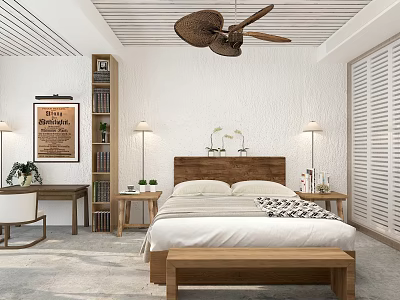 Cozy Bedroom Interior Design With Ceiling Fan Bedside Lamps And Foot Bench 3d model