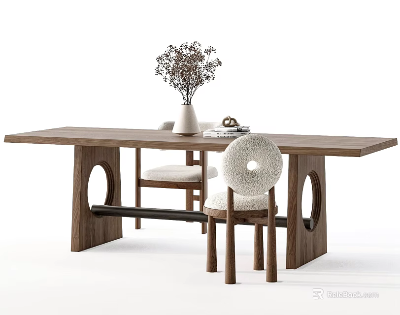 Modern Wooden Dining Table With Chairs Featuring Circular Leg Cutouts Upholstered Seats And Vase Decor 3d model 