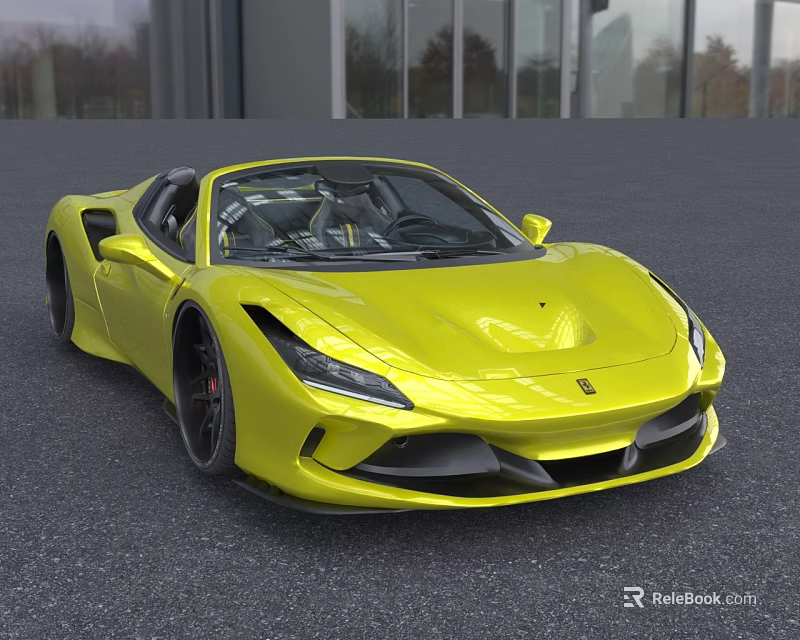 Yellow Convertible Sports Car In Outdoor Setting With Glass Building And Trees 3d model 