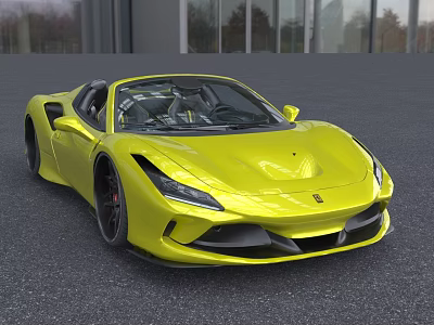 Yellow Convertible Sports Car In Outdoor Setting With Glass Building And Trees 3d model