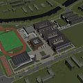 Modern School Buildings Campus Layout With Football Field Green Lawn And Surrounding Trees