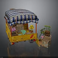 Yellow Cart With Blue And White Striped Canopy Green Chair Wooden Crates And Flowers