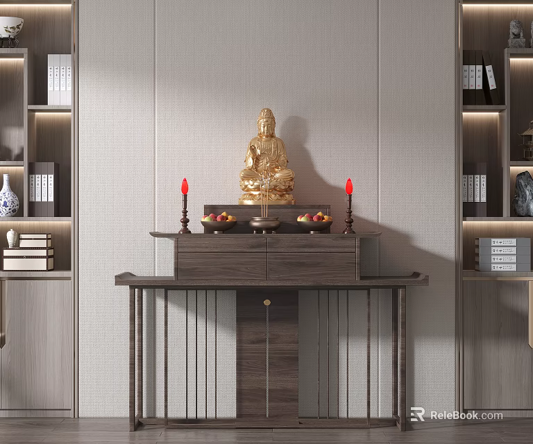 Chinese Style Dressing Table Featuring Golden Buddha Statue Red Candles Fruit Plates and Bookshelves 3d model 