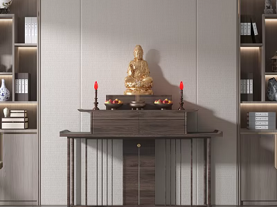 Chinese Style Dressing Table Featuring Golden Buddha Statue Red Candles Fruit Plates and Bookshelves 3d model