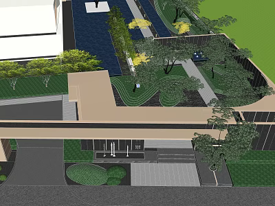 Modern Entrance Gate Design With Landscaped Lawn Trees And Driveway 3d model