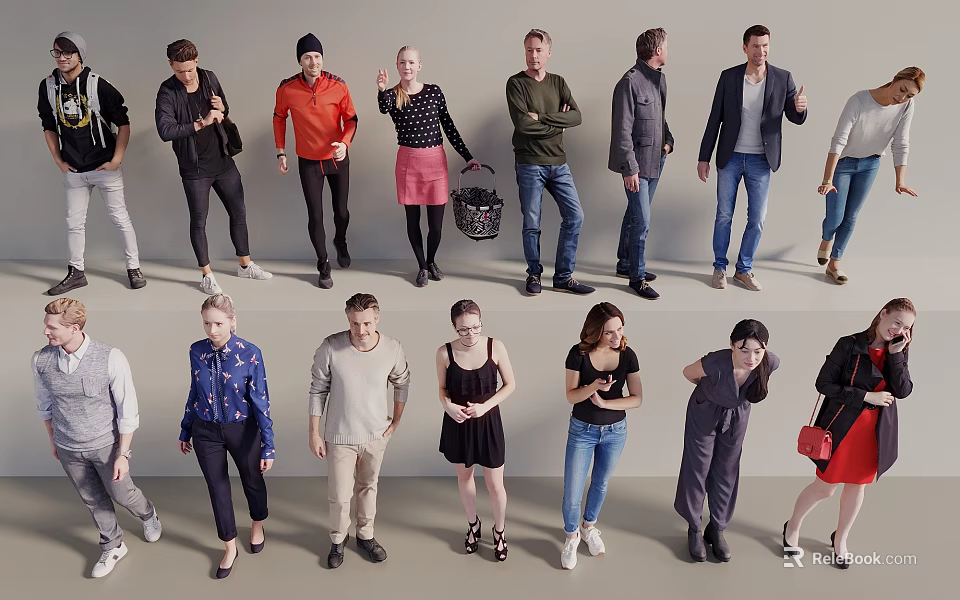 Group Of Diverse People In Various Casual Outfits With Different Poses 3d model 