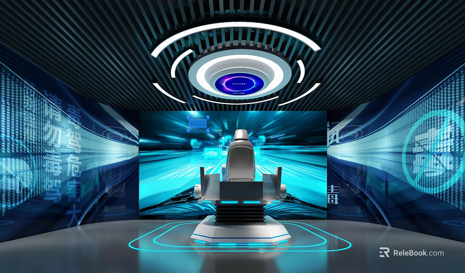 Modern Tech Exhibition Hall With Circular Ceiling Screen Blue Lighting And Central Seat 3d model