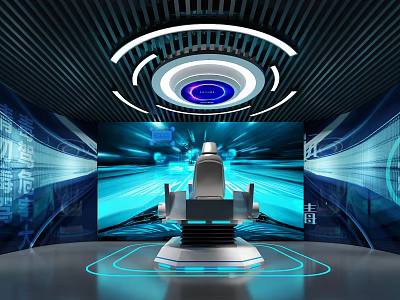 Modern Tech Exhibition Hall With Circular Ceiling Screen Blue Lighting And Central Seat 3d model