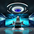 Modern Tech Exhibition Hall With Circular Ceiling Screen Blue Lighting And Central Seat