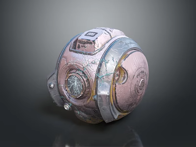 Futuristic Metallic Sphere Component With Glass Window Metal Bolts And Worn Details 3d model