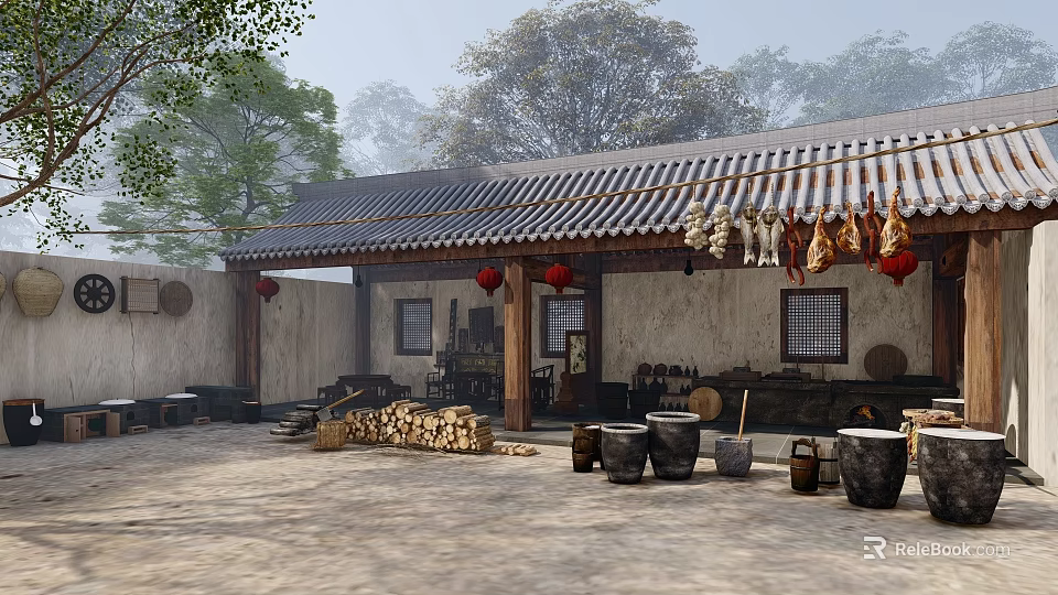 Traditional Chinese Garden Ornaments In Courtyard With Eaves Red Lanterns Firewood And Barrels 3d model 