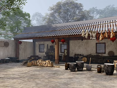 Traditional Chinese Garden Ornaments In Courtyard With Eaves Red Lanterns Firewood And Barrels 3d model
