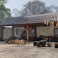 Traditional Chinese Garden Ornaments In Courtyard With Eaves Red Lanterns Firewood And Barrels