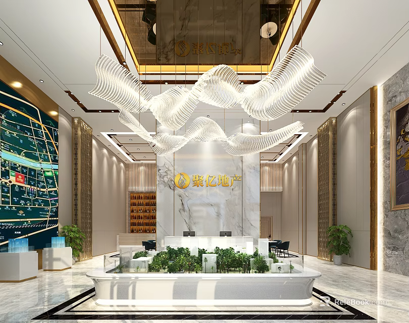 Elegant Property Sales Office Interior With Luxurious Chandeliers Reception Desk And Green Plants 3d model 
