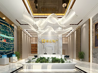 Elegant Property Sales Office Interior With Luxurious Chandeliers Reception Desk And Green Plants 3d model