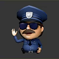 Cartoon Police Game Movie Character With Blue Uniform Hat Badge Sunglasses Mustache Waving Hand