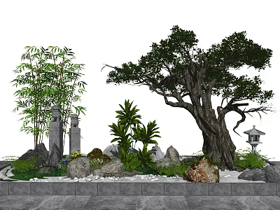 Traditional Garden Ornament with Bamboo Large Old Tree Rockery Stones and Stone Lantern 3d model