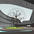 Modern Urban Building Exterior With Glass Curtain Wall Trees And Sidewalk