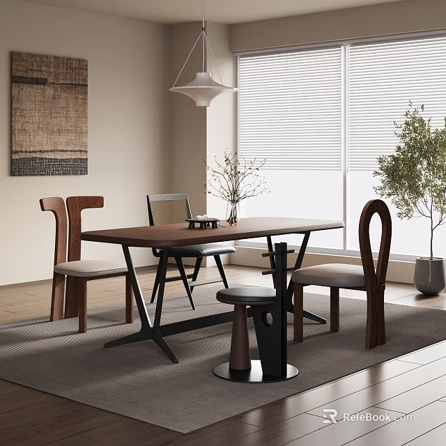 Modern Dining Table Set With Wooden Chairs Stool Potted Plant Artwork Rug And Window Blinds 3d model 
