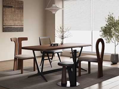 Modern Dining Table Set With Wooden Chairs Stool Potted Plant Artwork Rug And Window Blinds 3d model