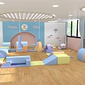 Kindergarten Indoor Play Area With Colorful Soft Toys Blue Pink Walls And Happy Baby Sign