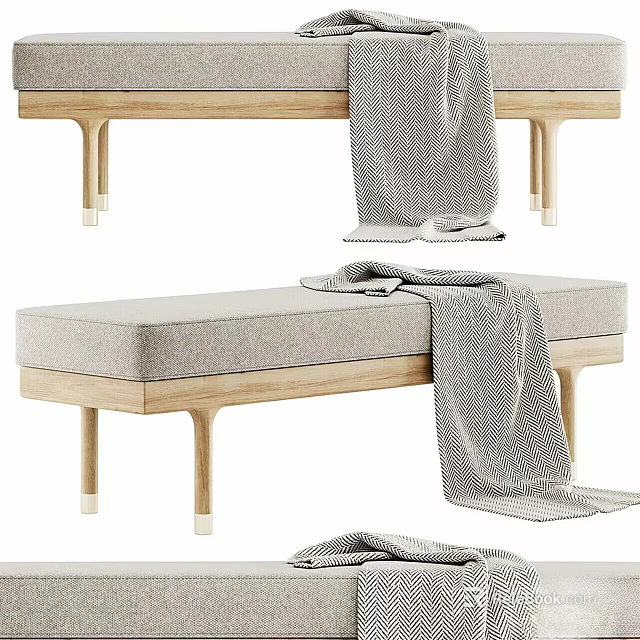 Modern Lounge Chair With Wooden Frame Upholstered Cushion And Draped Gray Blanket 3d model 