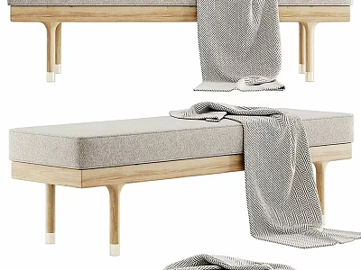 Modern Lounge Chair With Wooden Frame Upholstered Cushion And Draped Gray Blanket 3d model