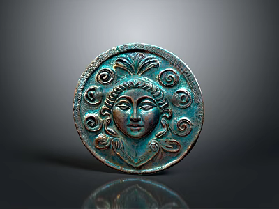 Ancient Bronze Circular Plaque Featuring Detailed Female Head With Scroll Patterns 3d model