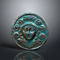 Ancient Bronze Circular Plaque Featuring Detailed Female Head With Scroll Patterns 3d model