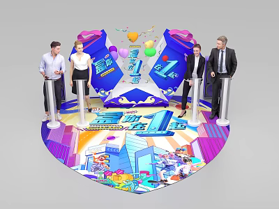 Vibrant Launch Device with Four People and Colorful Balloons at Ceremony 3d model