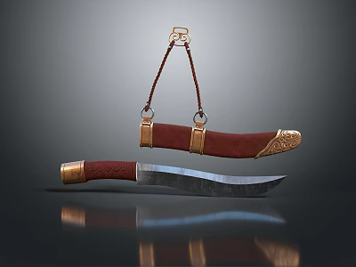 Traditional Decorative Knife With Red Leather Sheath Gold Accents And Sharp Polished Blade 3d model