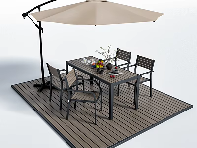 Outdoor Table and Chair Set with Umbrella on Wooden Deck and Decorative Items 3d model