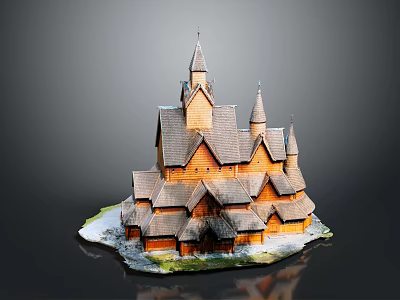 Traditional Wooden Church Building With Multiple Spires And Sloped Snow Covered Roofs 3d model